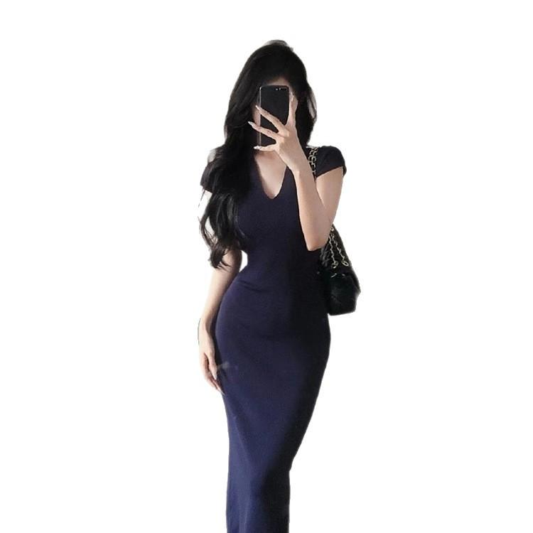 Summer Blue V-neck Knitted Hip-wrapped Dress Temperament Shows Body Long Dress High-end Dress