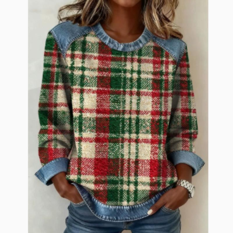 Europäische Und Amerikanische Damenbekleidung Neue Modelle Kariert Nachahmung Kunstdenim-Druck Rundhals Langarm T-Shirt( Nicht-Denim-Stoff)
