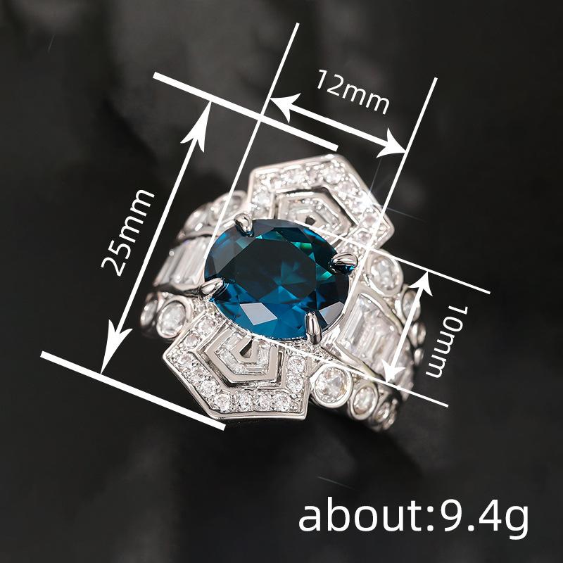 Exaggerated Court Style Ocean Imitation Sapphire, Geometric Oval High-end Ring Female Xiaohongshu Wealth Ring
