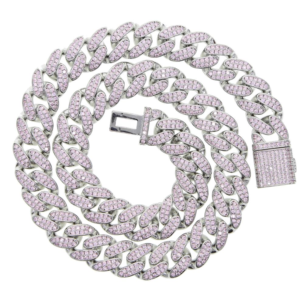 Ice Out Silver Plated Bling Cubic Zirconia 12mm Pink CZ Cuban Link Chain Choker Necklace for Women Wedding Party Gift