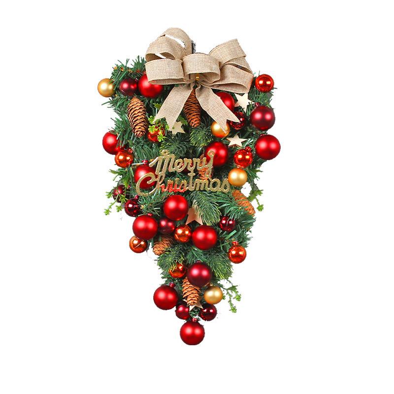 Christmas Teardrop Door Swag, Upside Down Hanging Wreath with Burlap Bow, Xmas Balls & Pine Cones, Farmhouse Front Door Holiday Wall Decor