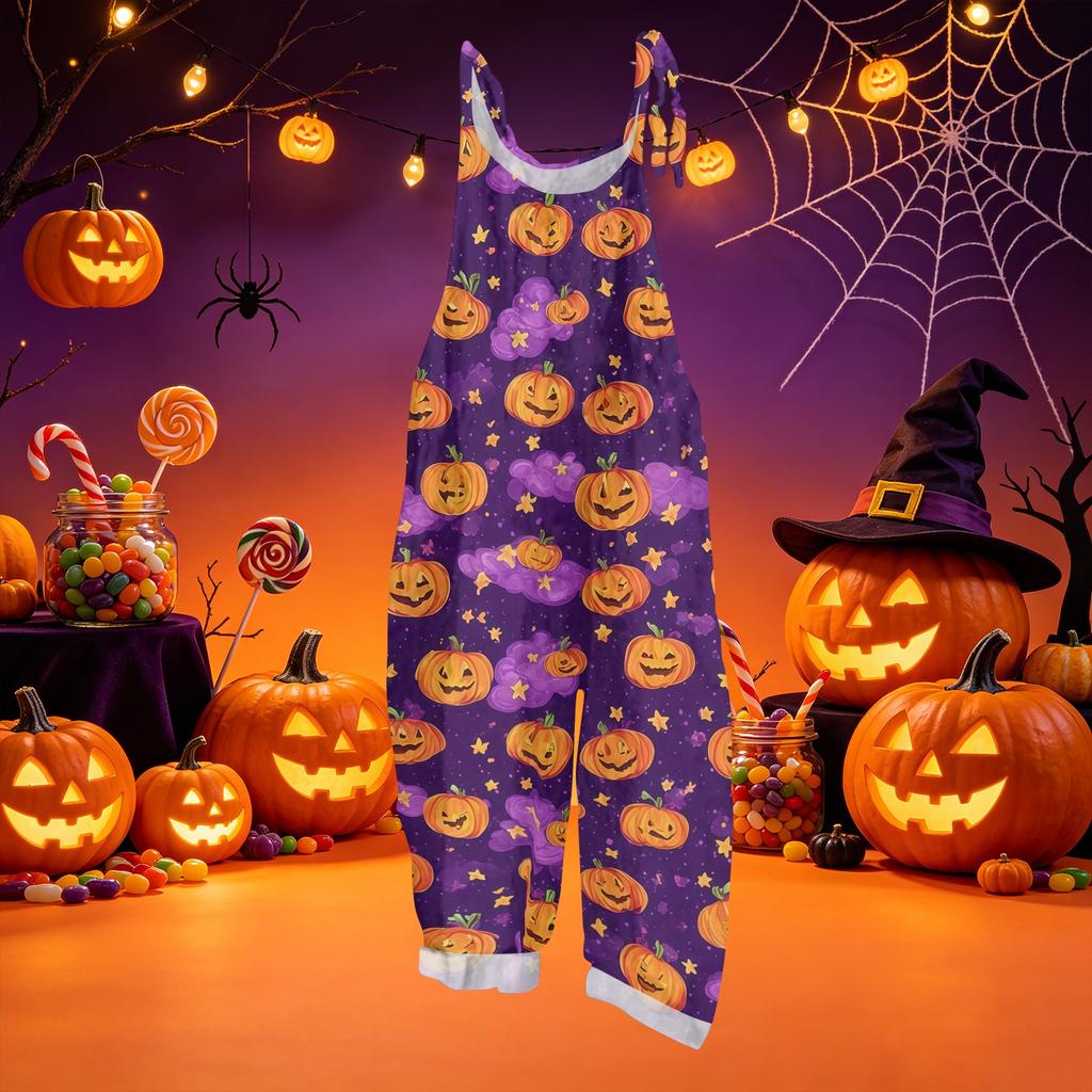 Loose Fit Halloween Print Cotton Linen Overalls Casual Vintage Style Sleeveless Jumpsuit Adjustable Shoulder Straps