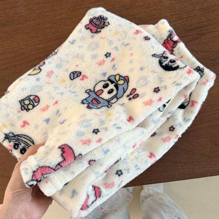 Korean Style Women's Fleece Pajama Pants - Flannel Cartoon Design for Autumn and Winter
