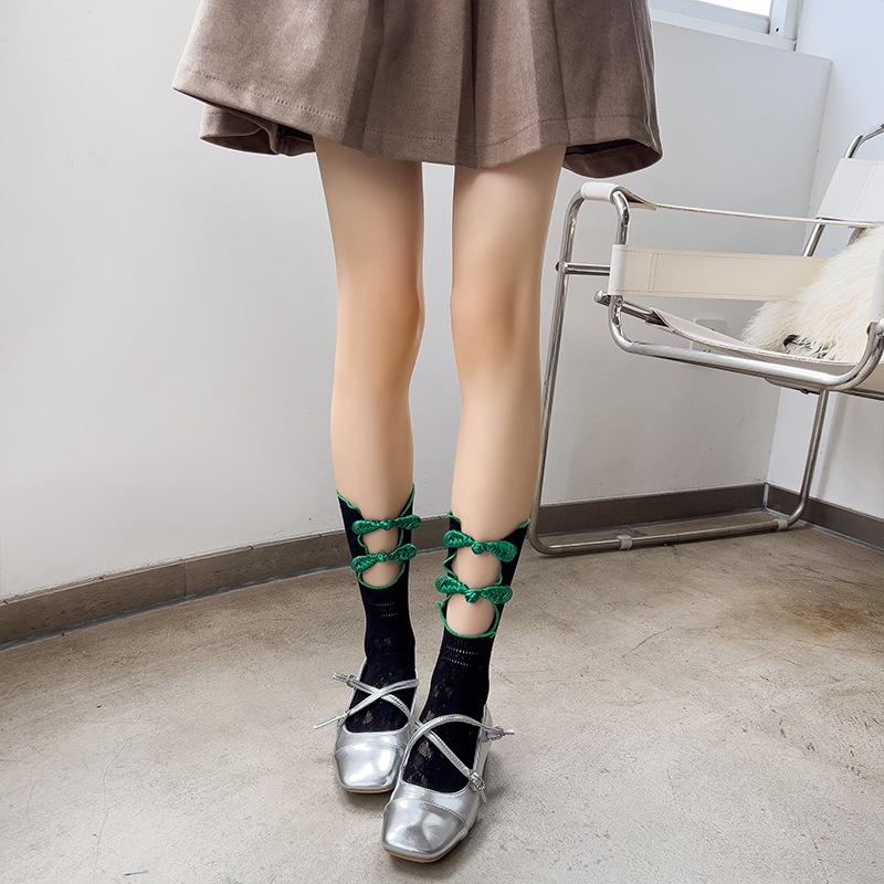 

Летние тонкие ретро китайские чулки-чонсам на пуговицах до середины икры, лолита, в древнем стиле, пикантные, на пуговицах, длинные чулки до икры 1 pair чёрный/зелёный