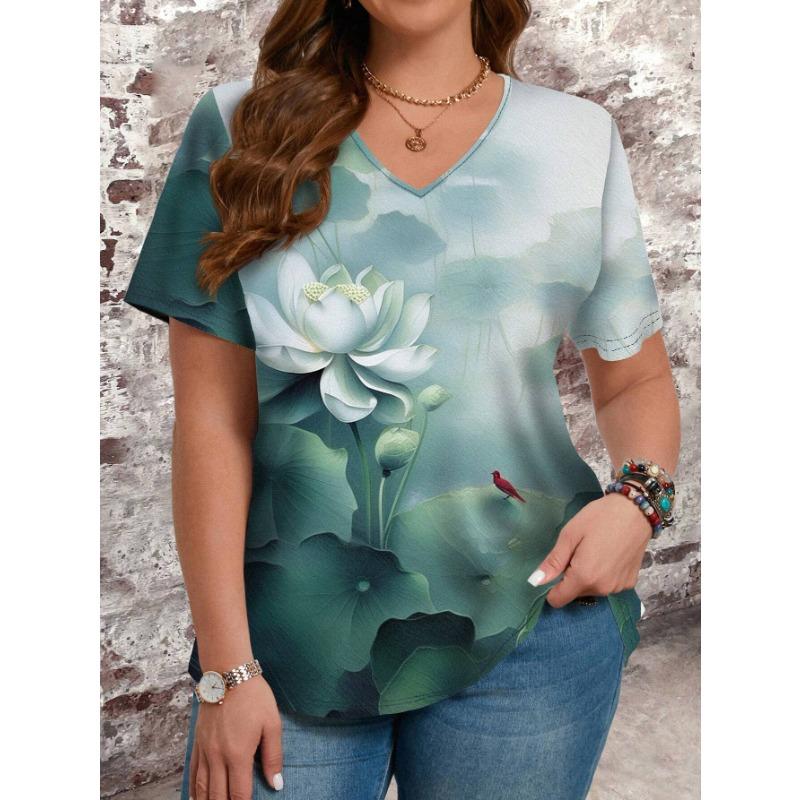 Summer V-neck Flower Pattern 3D Printed Top Fashionable Casual Short Sleeved Women's T-shirts