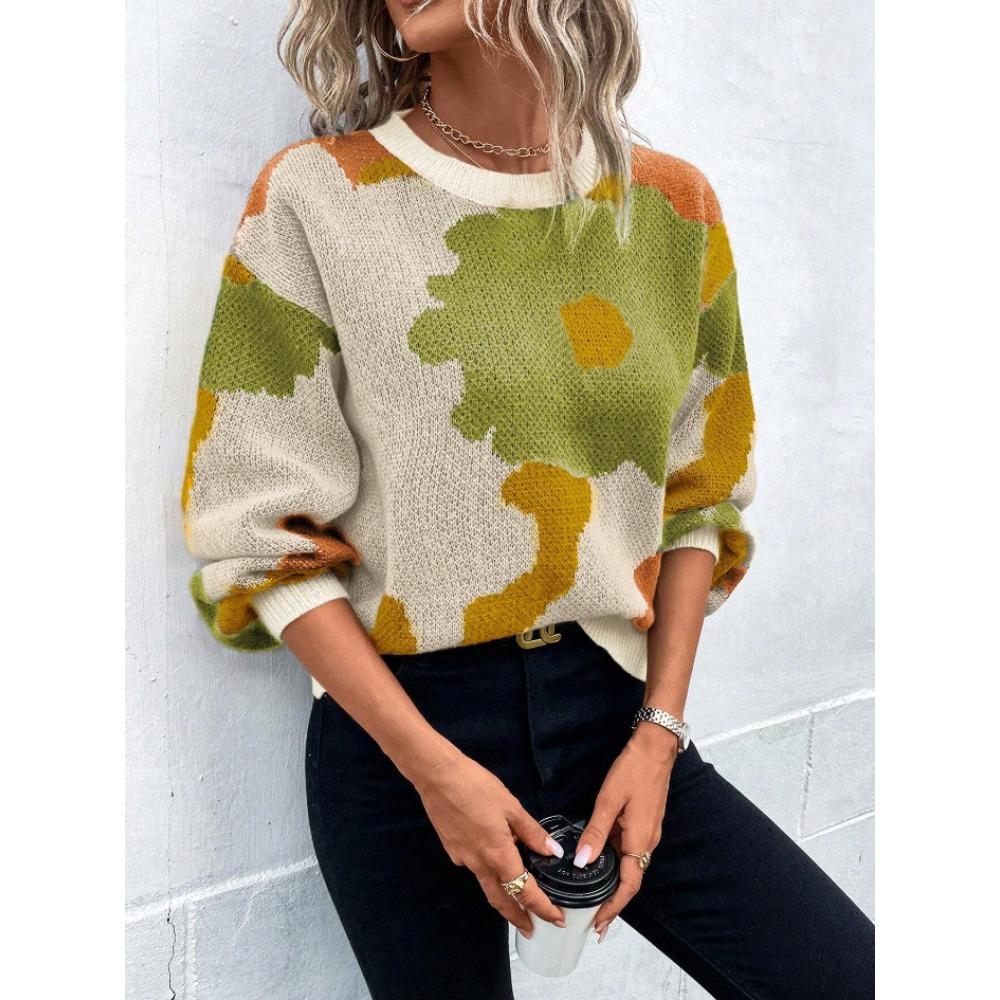 Autumn/Winter Round-neck Long-sleeved Knitted Top – Fashionable and Versatile Jacquard Casual Pullover for Women