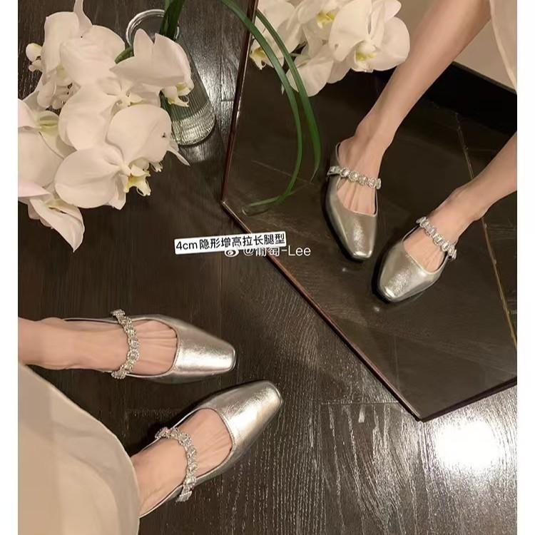 Grape Mother Inner Height Increase French Square Head Word Belt Mary Jane Single Shoes Light Mouth Versatile Muller Half Slippers Women's Sandals