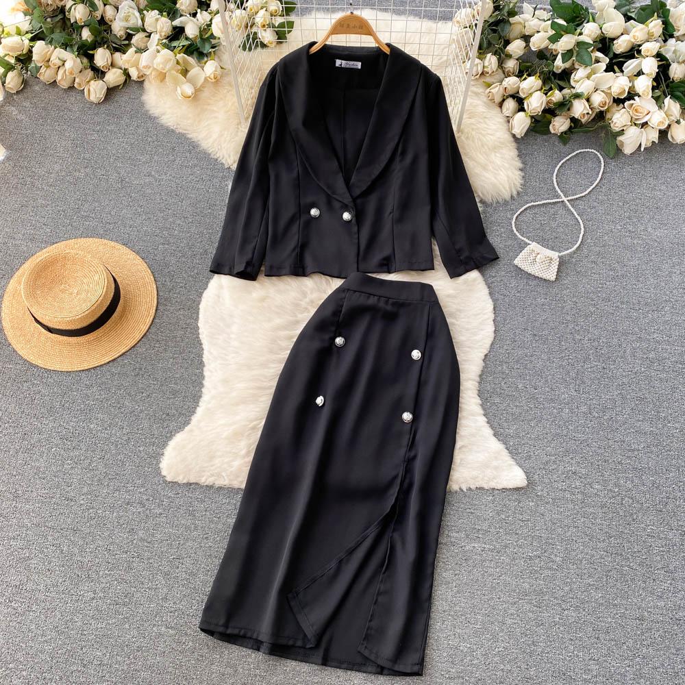 High-End Two-Piece Suit Women's Summer Style Contrast Color Suit Jacket High Waist Mid-Length Slit Skirt