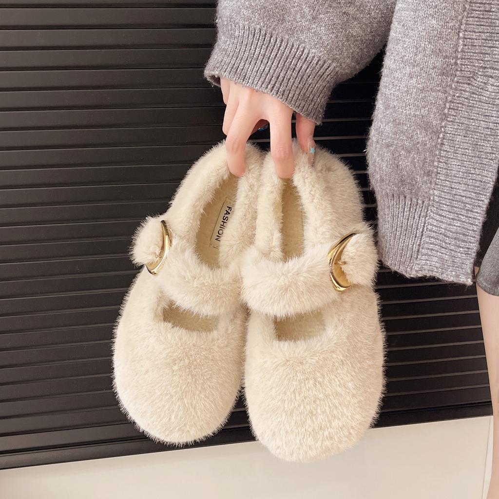 Winter Women Causal Cotton Shoes Warm Furry Hairy Fashion Outdoor Women Student Plush Shoes Versatile Ladies Flat Moccasins
