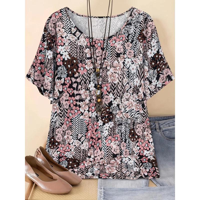 

Women s Casual Loose Fit Round Neck Short Sleeve T-Shirt - Elegant Multi-Color Floral Print, Machine Washable, Spring S
