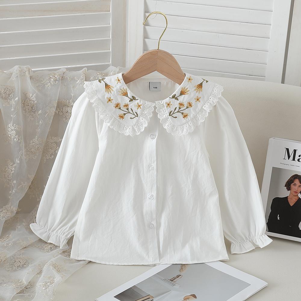 2-8Y Girls 100% Cotton Shirt Floral Embroidery Lace Lapel Puff Long Sleeve Button Down Soft Breathable Children Daily Tops