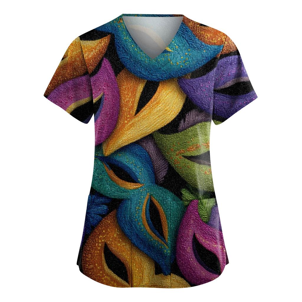 Women's Fashion V-Neck Short-Sleeved Workwear With Pockets Carnival Print Top Caregiver Uniform