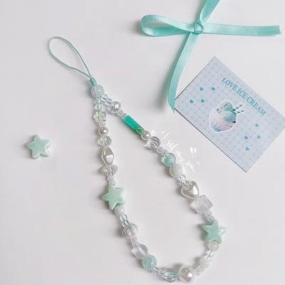 Homemade Summer Mint Star Phone Lanyard Handmade DIY Beaded CCD Chain Camera Fresh Hanging Decoration Ins Style