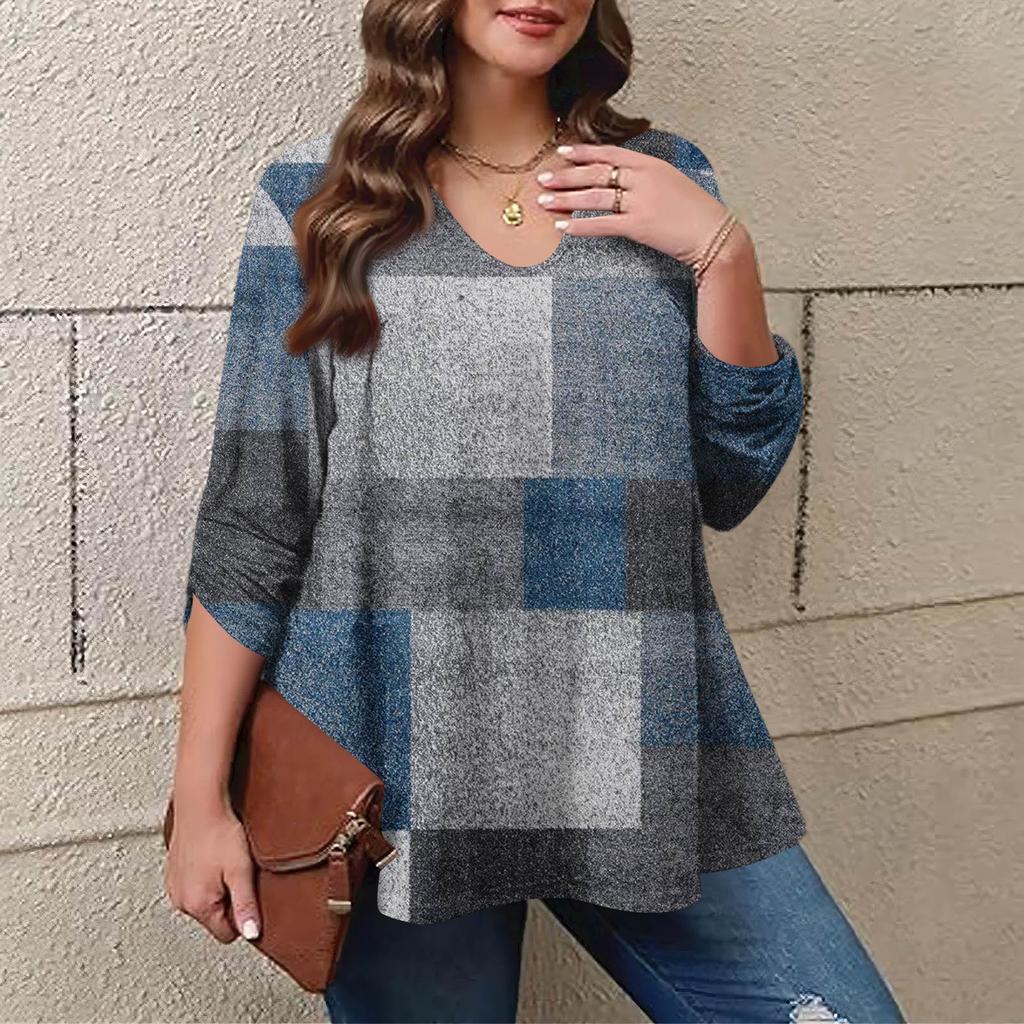Women's Plus Size Fashion Printed Casual Pleated Round Neck Long Sleeve Top