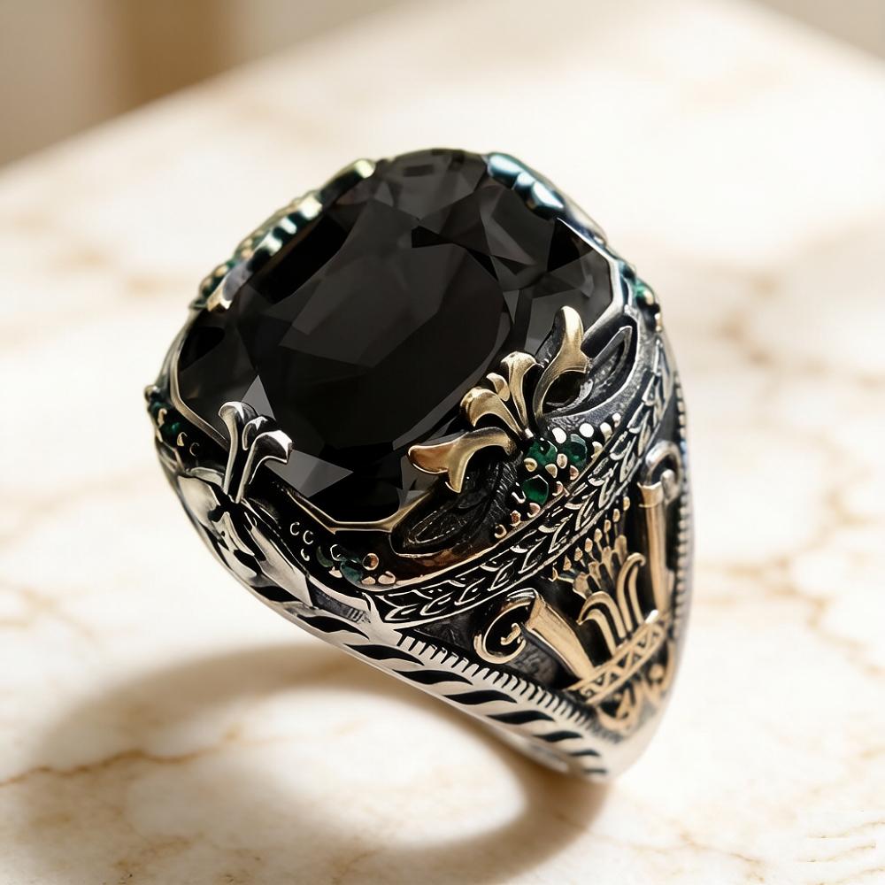Vintage Men's Ring Stainless Steel Retro Castle Pattern Finger Ring Colorful Artificial Crystal Gemstone Statement Ring for Men