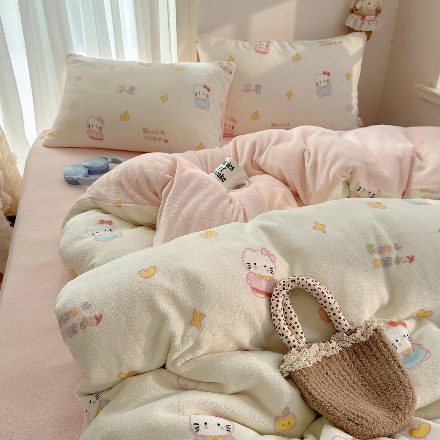 

Cartoon Cute Double-Sided Fleece Thickened Milk Fleece Four-Piece Set, Student Dormitory Three-Piece Set, Bedding Sheet 0.9 3pc- quilt cover 150x200