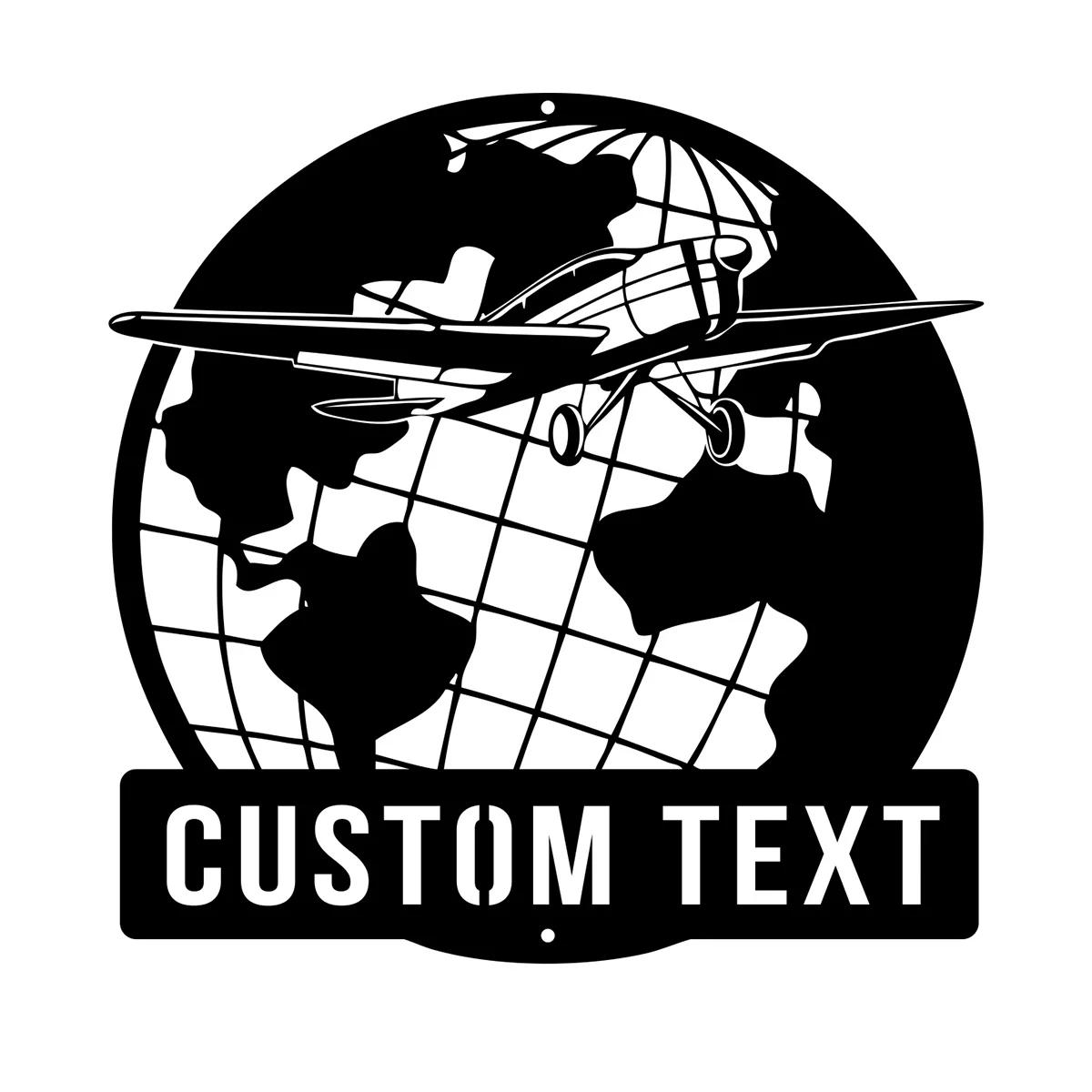 Metal Sign Personalized Family Name Wall Art, Airplane Earth Outdoor Decor, Front Door Housewarming Gift