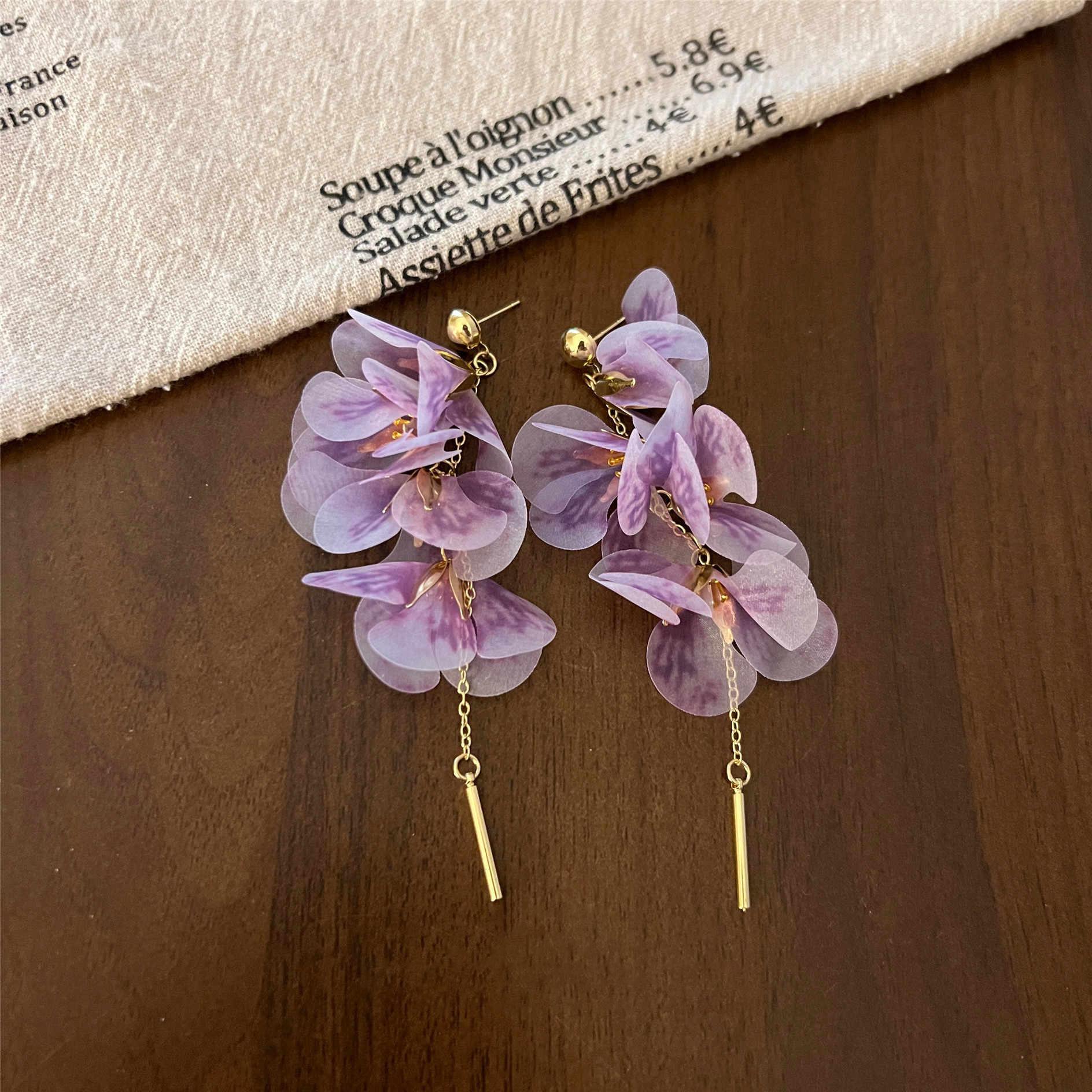 

Sweet Pink Flower Long Tassel Earrings For Women Yarn Mesh Earrings Pendientes Fashion Summer Jewelry Holiday Accessories Gifts фиолетовый
