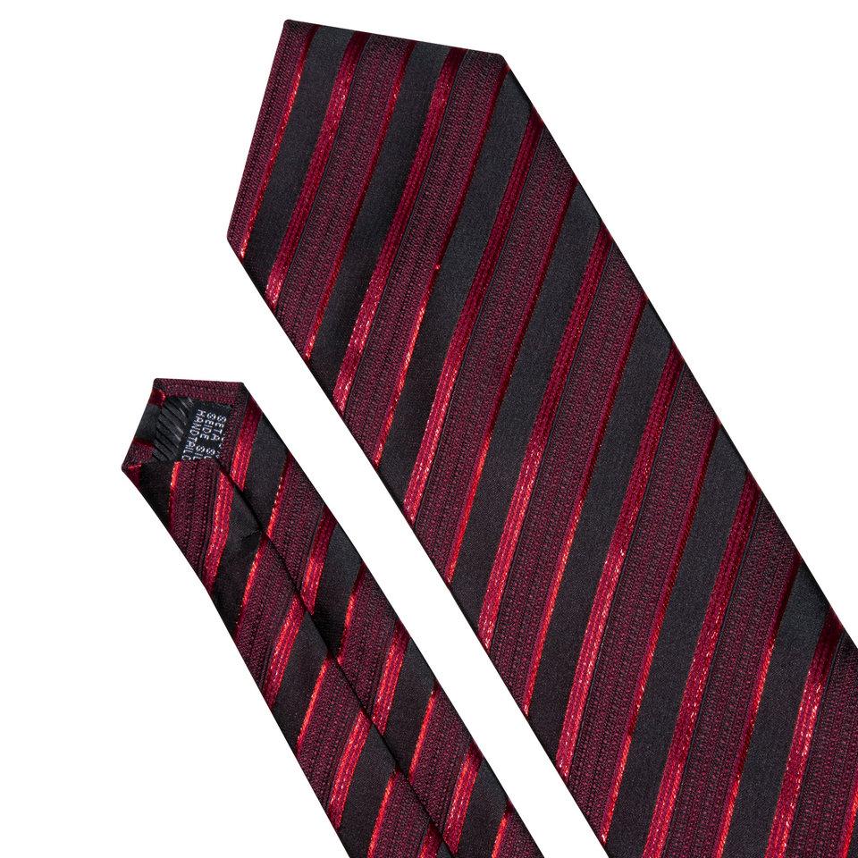 Barry.Wang Ties for Men Necktie Hankerchief Cufflinks Set Burgundy Striped Jacquard Wedding