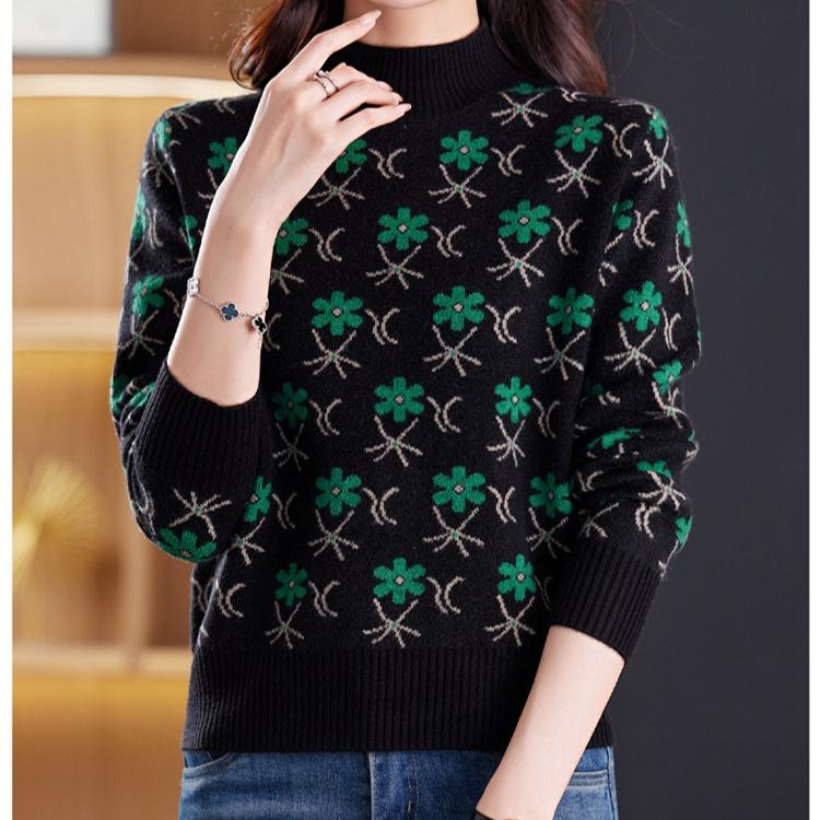 Jacquard Sweater Loose Half Turtleneck Knitted Sweater for Women In Autumn and Winter Fashionable and Casual Pullover