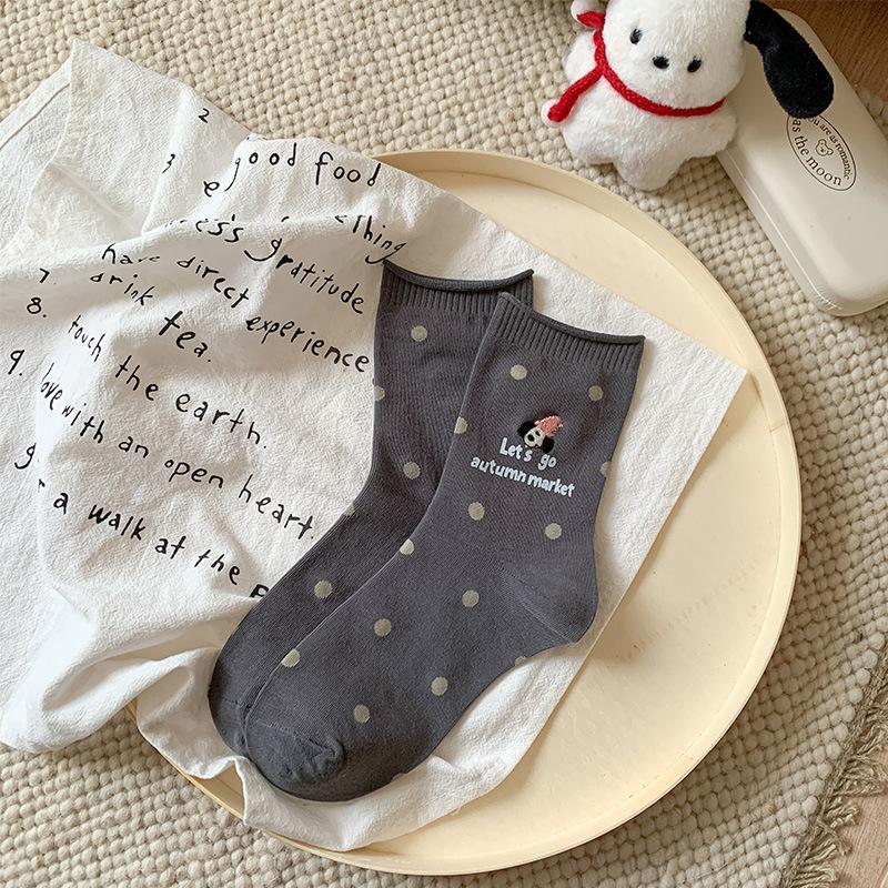 Autumn Cream Wind Cute Magician Puppy Embroidered Medium Tube Socks Polka Dot Versatile Comfortable Cotton Socks Cartoon