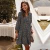 Women Casual Summer Mini Dress V-neck Single Breasted Print Above Knee Three Quarter Sleeve Sizes S-XL Black White Burgundy