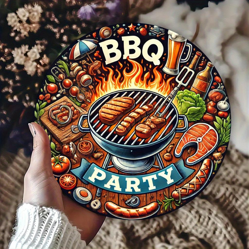 Vibrant BBQ Party Round Aluminum Sign Inch Outdoor Wall Art with Grilling Scene for Man Cave Garage Home Bar