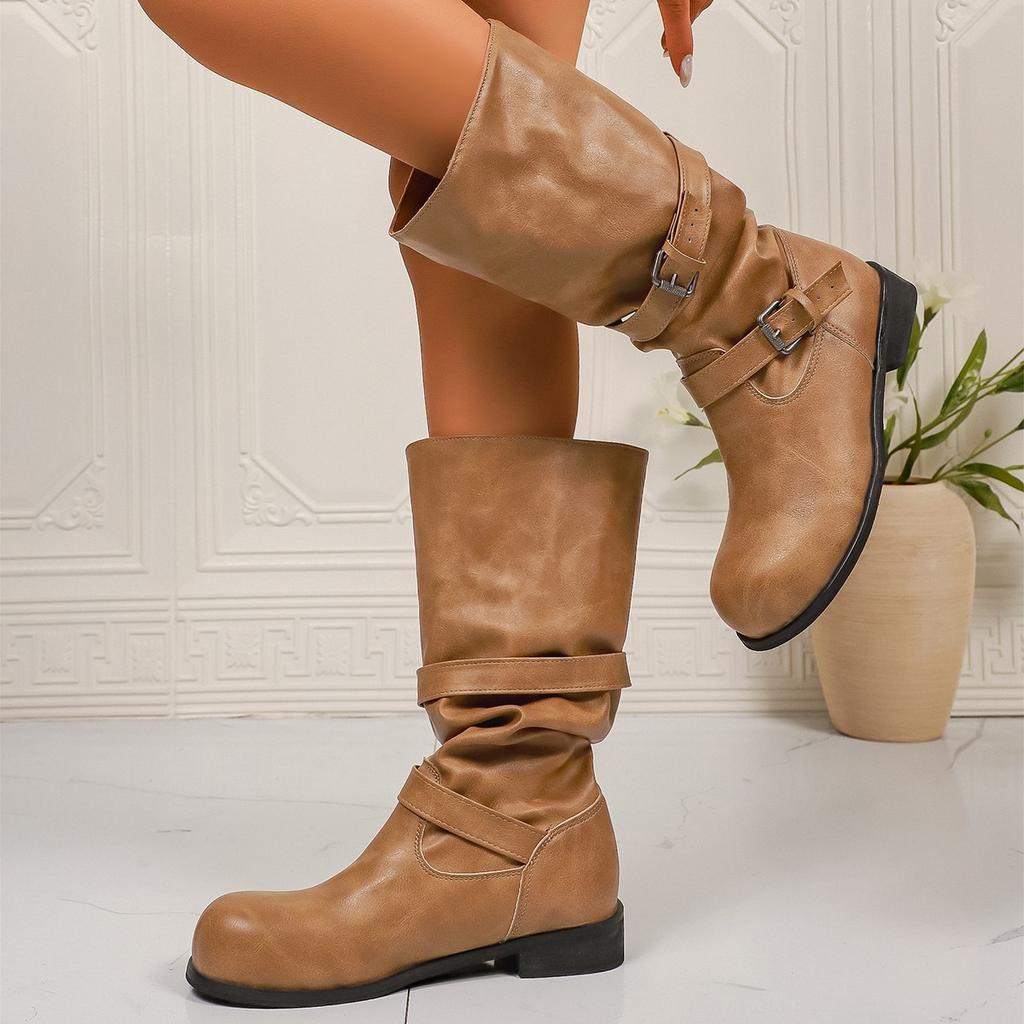 Zimowa Vintage Klamra do Paska Damskie Buty Rycerza Modne Wsuwane Buty na Niskim Obcasie Damskie Przytulne Miękkie Skórzane Botki do Połowy Łydki