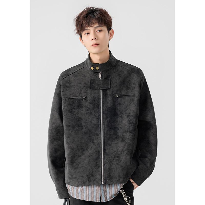 Men's Retro American Tie-Dye PU Leather Jacket - Warm, Trendy, Stand-Up Collar for Autumn