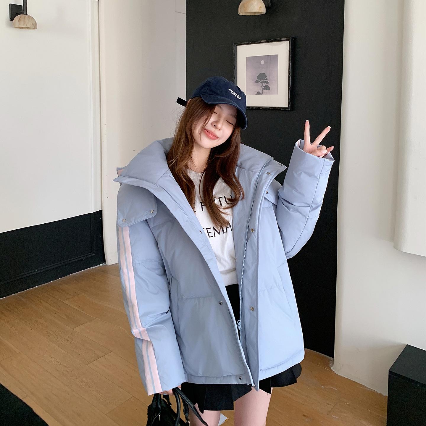 

Women’s Short Hooded Windproof Thicken Warm Winter Jacket With Stripes M синий