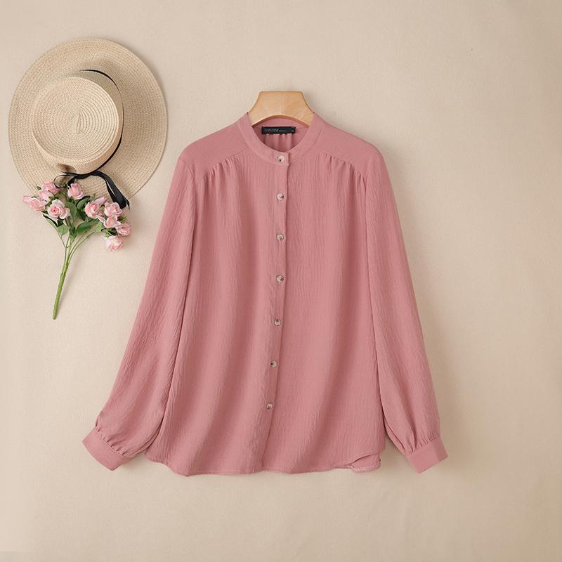 

ZANZEA Женская повседневная блузка с круглым вырезом, однотонная, с длинным рукавом, свободного кроя 5XL розовый