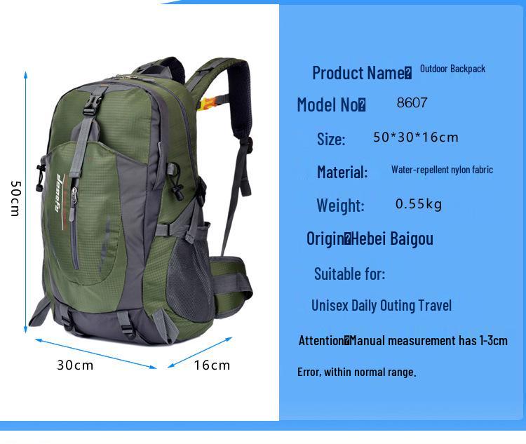 Unisex 40L Water-Repellent Hiking Backpack for Travel and Mountaineering