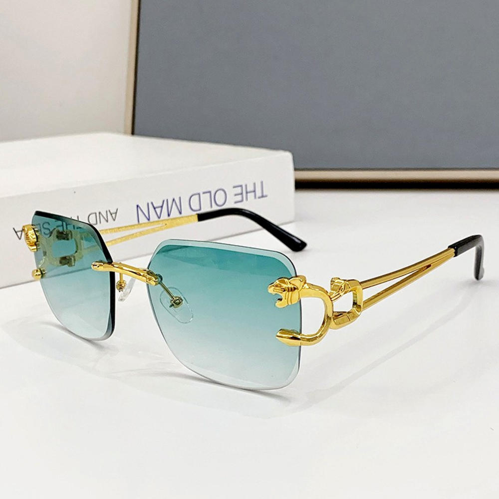 Gafas de Sol Cuadradas Vintage Sin Montura Mujer Hombre Lujo Populares Viaje Conducir Metal Cabeza de Leopardo Gafas de Sol UV400
