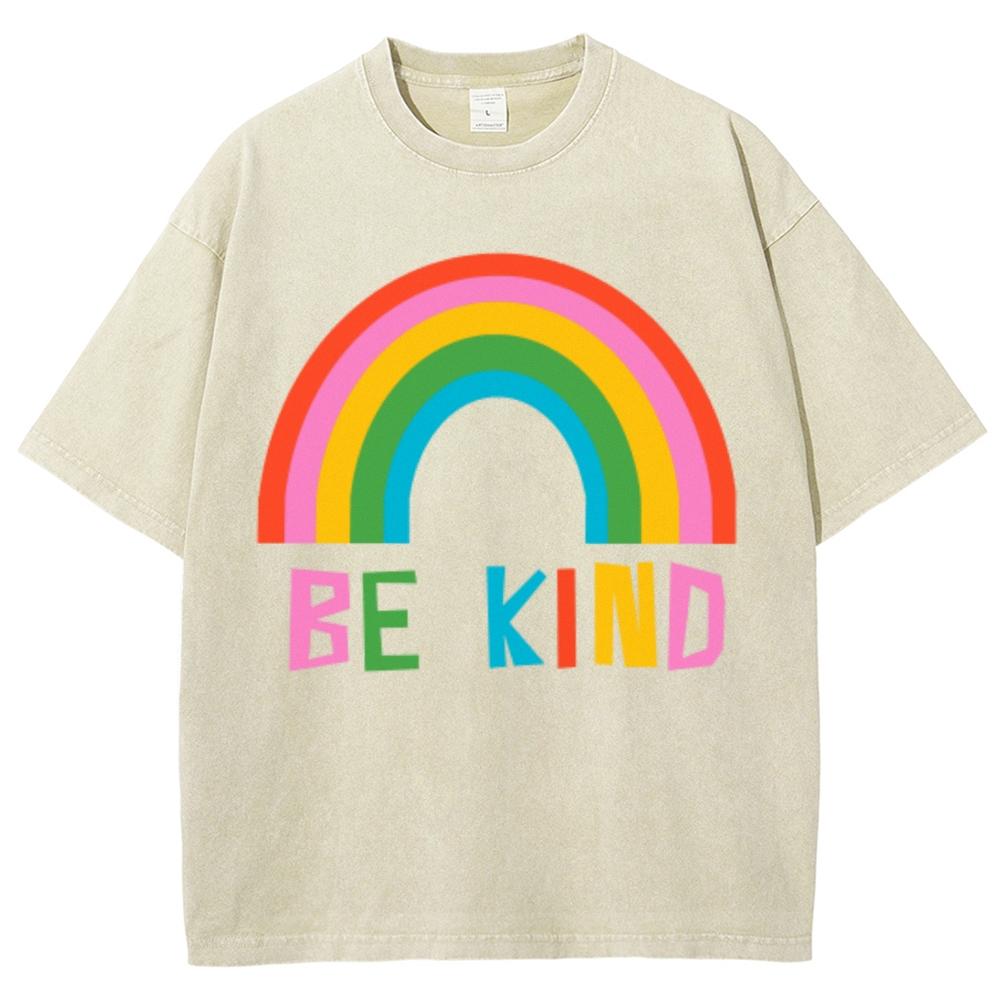 Be Kind Rainbow Print Women's T-Shirt Oversized Loose Wash Short Sleeve Unisex Fashion Design Casual Niche Top