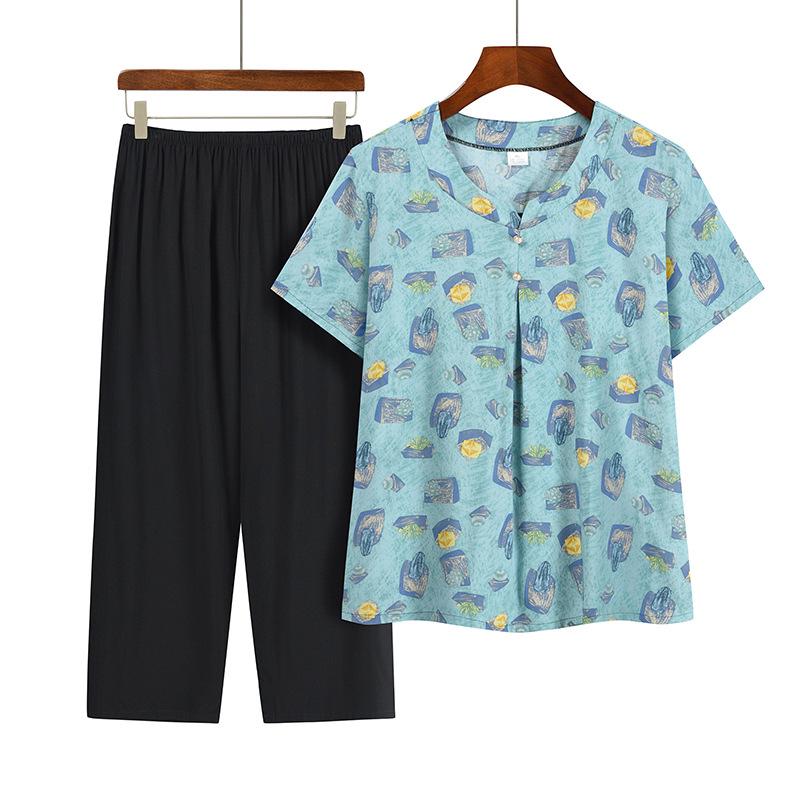 Summer Print Two-Piece Set for Middle-Aged and Elderly Women: Short-Sleeved Top and Grandma Style Outfit