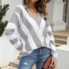 Pull à manches longues et col en V pour femme, léger, ample, décontracté, ajouré, rayé