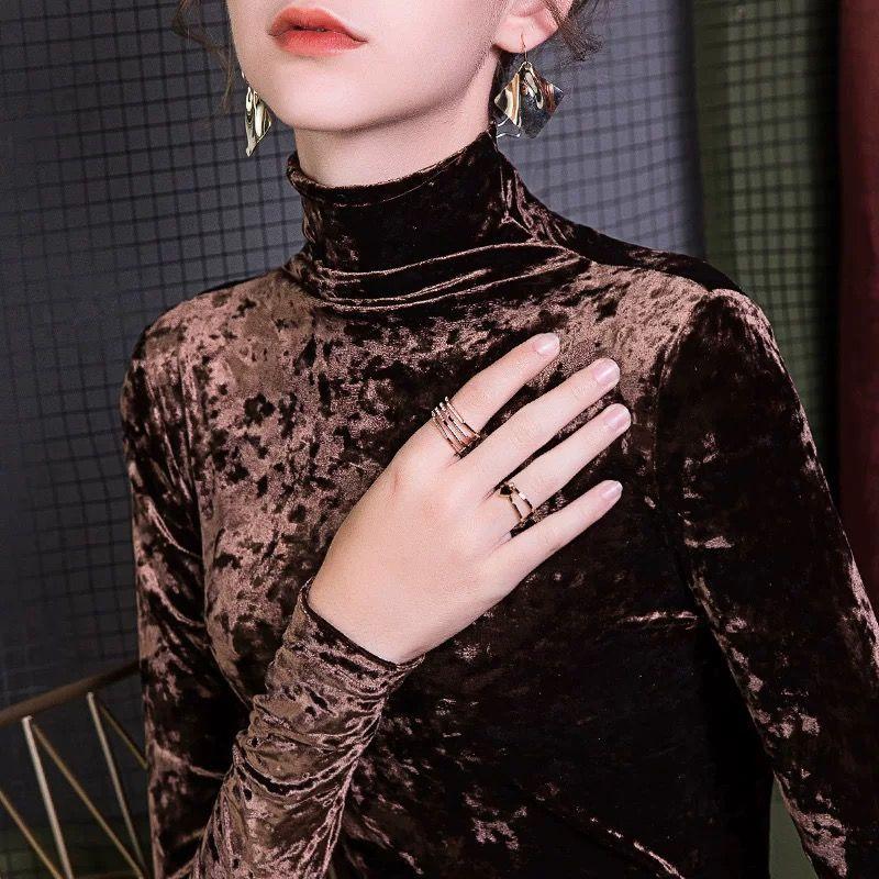 Autumn Winter Women's Velvet Turtleneck Base Shirt Slim Fit Diamond Velvet Long Sleeve T-Shirt Solid Color Stretch Pullover Top