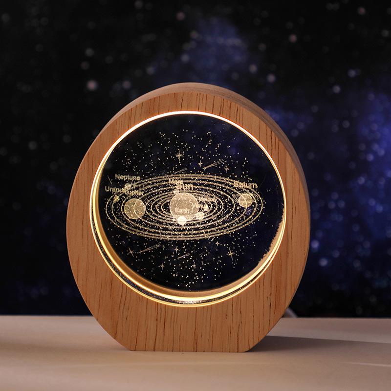 Planet Night Light 3D Inner Engraving Luminous Crystal Desktop Ornament Wooden Base