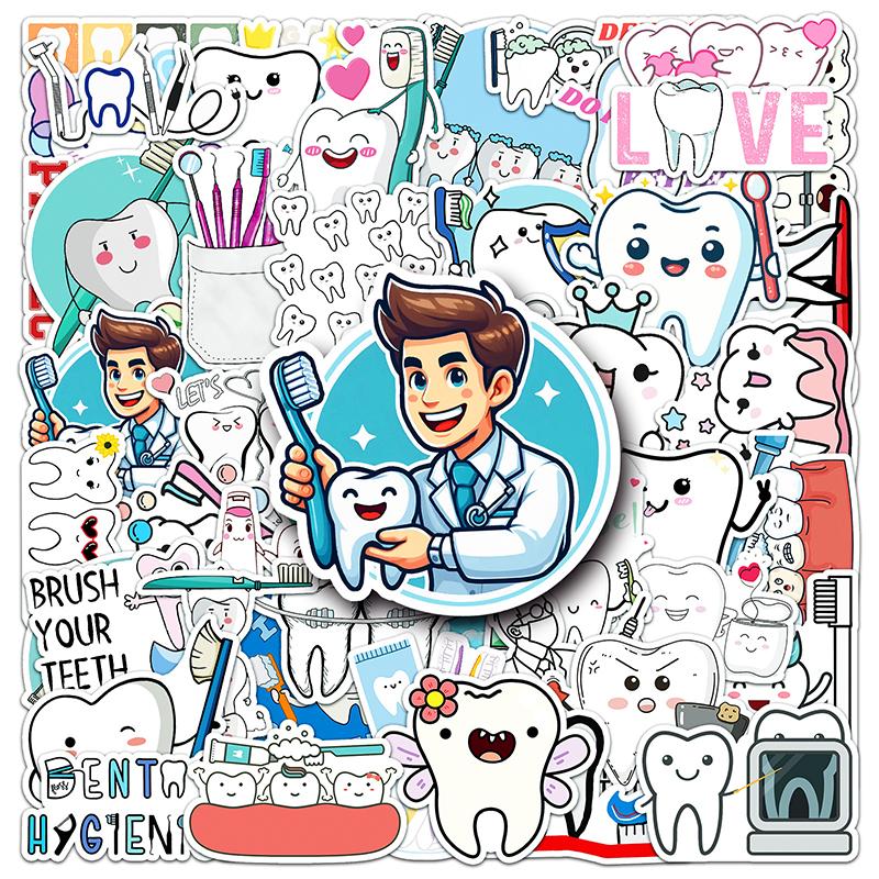 50 Sheets Protect Teeth Cartoon Stickers For Kids Students Graffiti Laptop Stationery Luggage Cute Sticker Dental Clinic Gifts