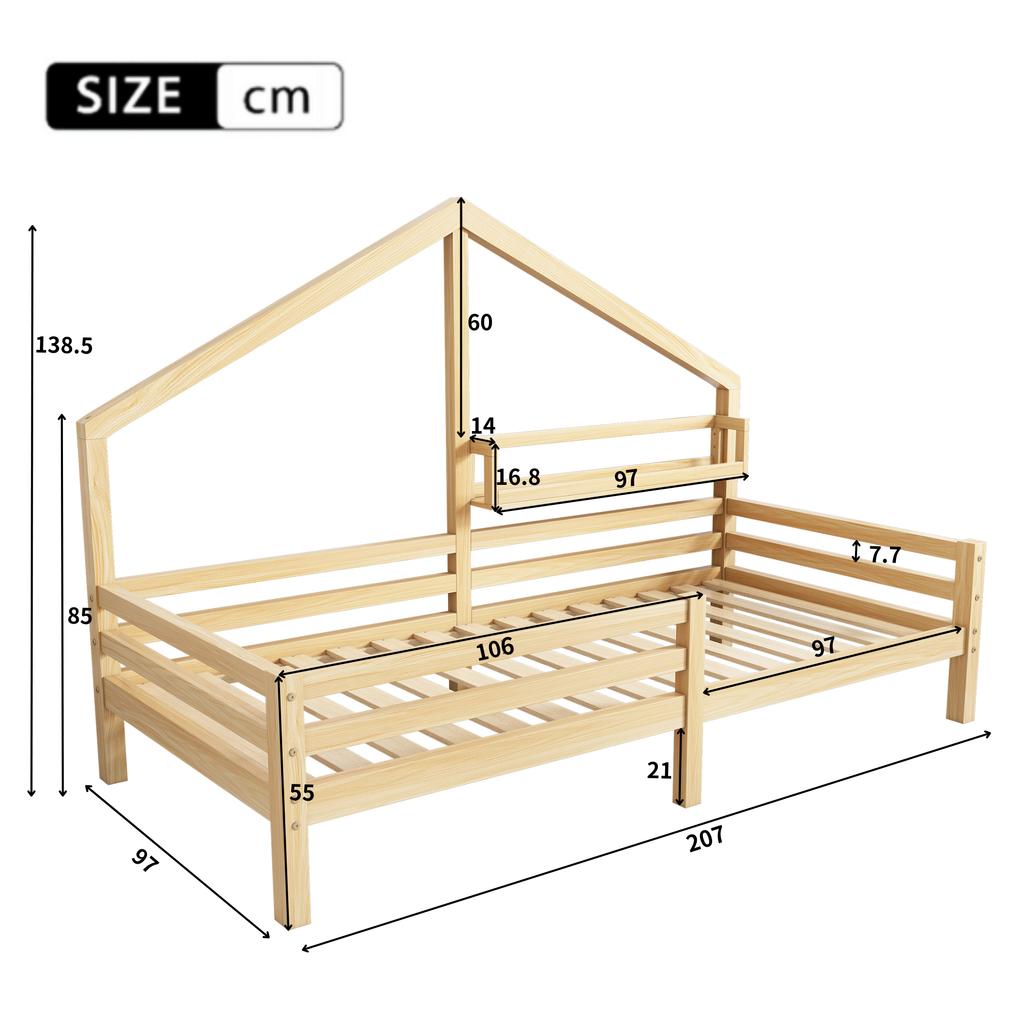 House Bed Children's Bed with Shelf Fireplace Shape 90x200 Natural[OLD SKU:WF530662AAN]