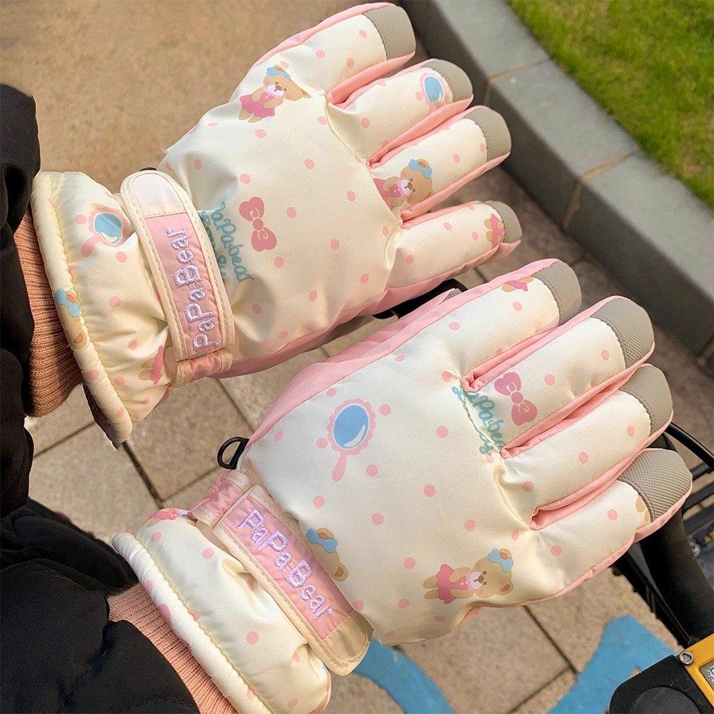 Beige cute bear ski gloves female Korean warm velvet thickened outdoor windproof and cold cycling tide