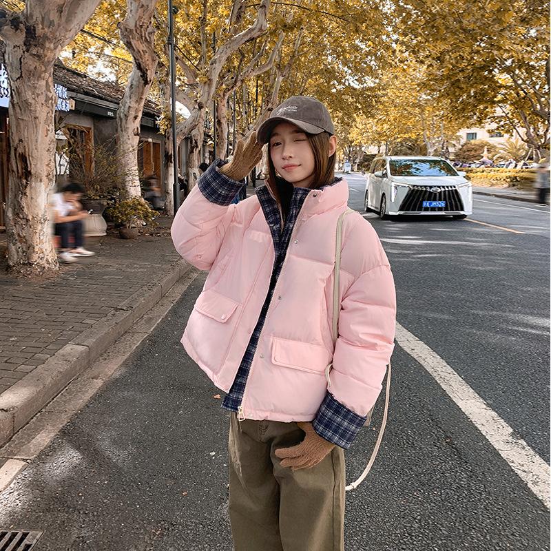 

Клетчатая вставка, пуховик, женский короткий, новый, ретро, милый, утолщенный, куртка-хлеб XXL розовый
