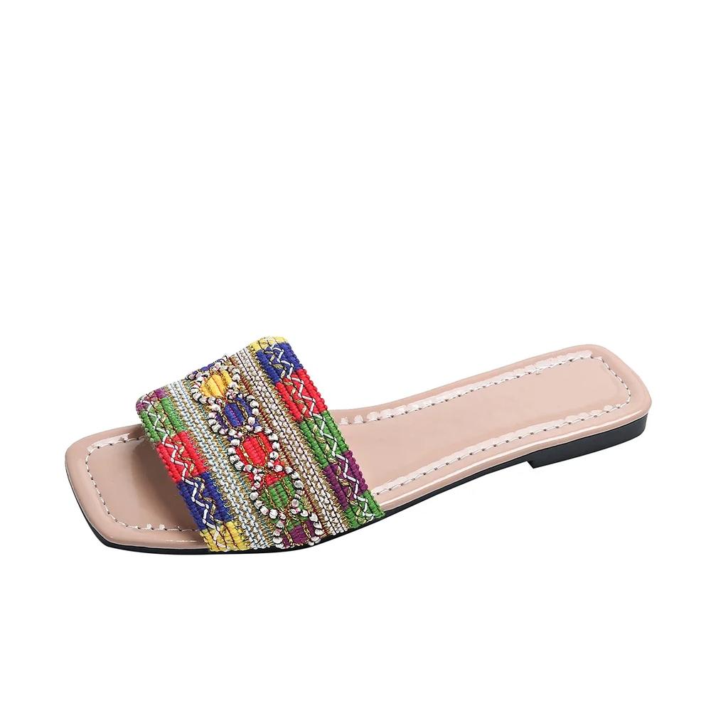 Fashion Woman Shoes 2025 Open Toe Slippers Women Plus Size Casual Comfortable Mixed Colors Sandals Square Toe String Bead Flat Slippers