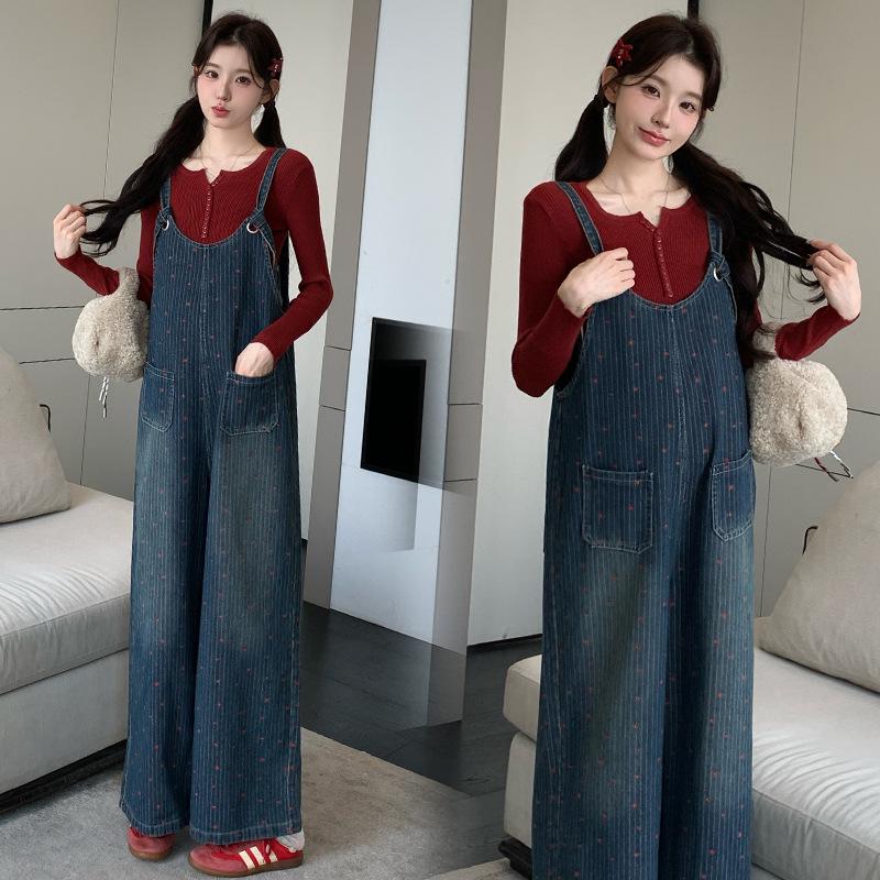 2026 Knit Maternity Top & Korean Style Denim Overalls Set M