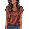 Women's Solid Satin V-Neck T-Shirt - New Spring/Summer European American Style Casual Pullover Top