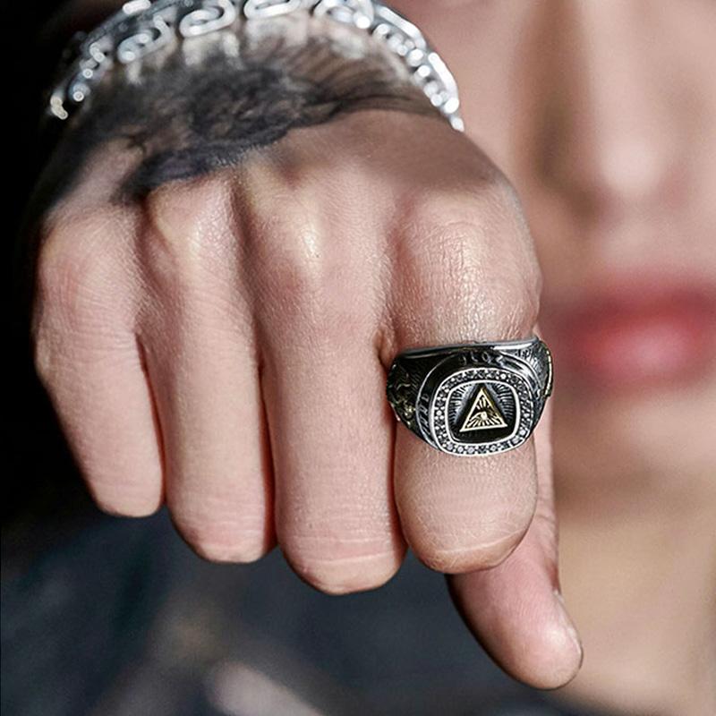 Retro Golden Eye of Providence Large Ring For Men Punk Gothic Open Ring Handmade  Rock Hiphop Biker Accessories Man Gift