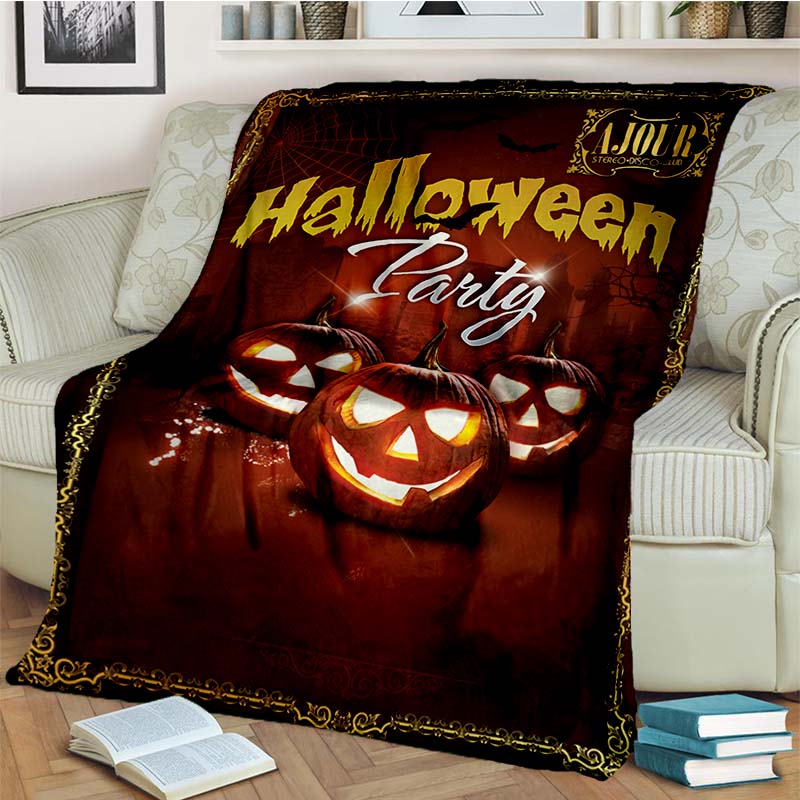 Halloween Pumpkin Ghost Print Flannel Blanket Cozy Warm Throw Bedroom Sofa Present Indoor Home Holiday Lounge Bedding Decor