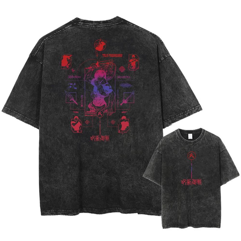 Printed Jujutsu Kaisen Acid T Shirt Short Sleeve Streetwear Cotton T-shirt Anime Graphic Retro Loose T Shirt Washed Top