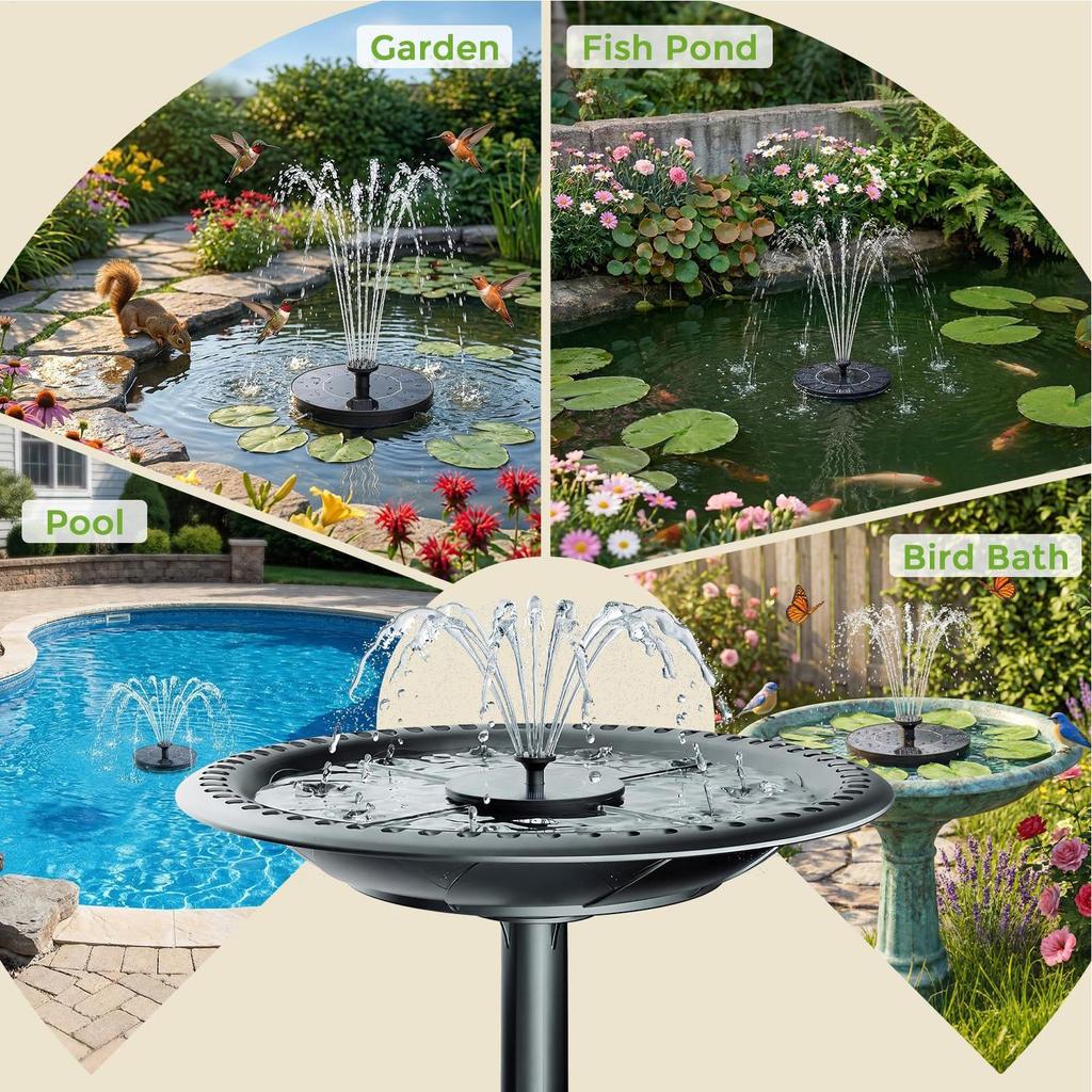 Garden Solar Fountain With Multiple Nozzles Solar-Powered Bird Bath Fountain Pump Stand-Alone Floating Solar Water Pump 13/16/18