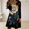 Women Plus Size V Neck Long Sleeve Black Rose Floral Printed Dress